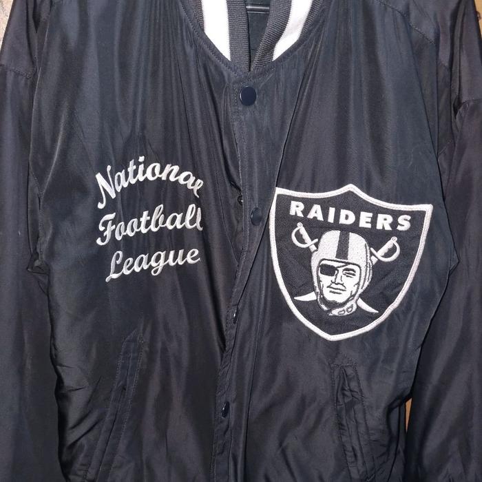 Jaket Varsity Pria dan Wanita dengan Logo National Football League dan Raiders Bomber Hitam Parasut