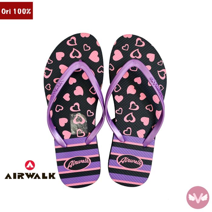 Airwalk Sandal Jepit Wanita Hitam Pink Ungu dengan Desain Hati Original 100% Sendal Jepit Airwalk Or