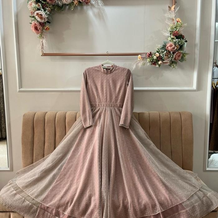 KARIMA BAFADAL BAJU INDIA WANITA DRESS PESTA GAUN PANJANG MEWAH TULLE ROK LEBAR ROSEGOLD 3 LAPIS
