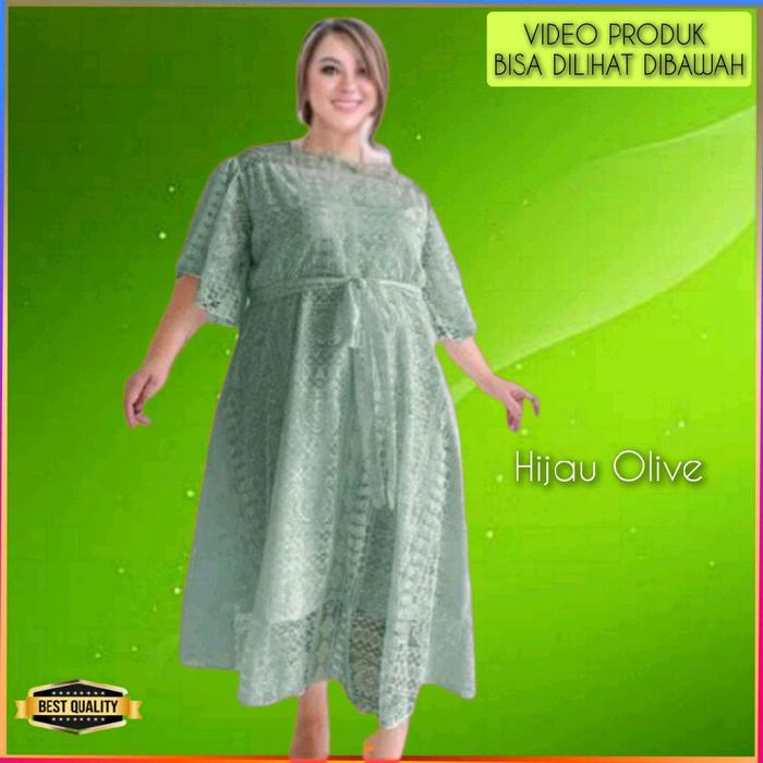 Gaun Kondangan Wanita Baju Pesta Melvia Jumbo LD 140 Brukat Dress Kekinian Elegan Hijau Olive