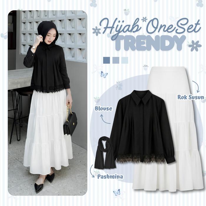 Outfit Baju Setelan Hijab  Wanita | Jema Blouse Renda Katun Toyobo + Rok Susun Hyget Putih + Pashmin
