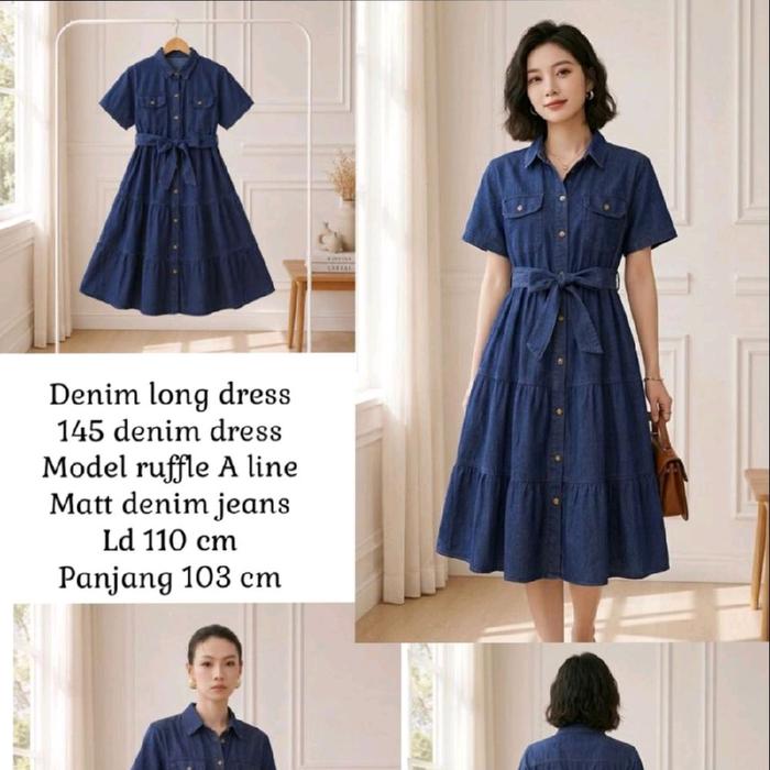 Denim Long Dress 145 Model Ruffle A Line Matt Denim Jeans Ld 110 cm Panjang 103 cm