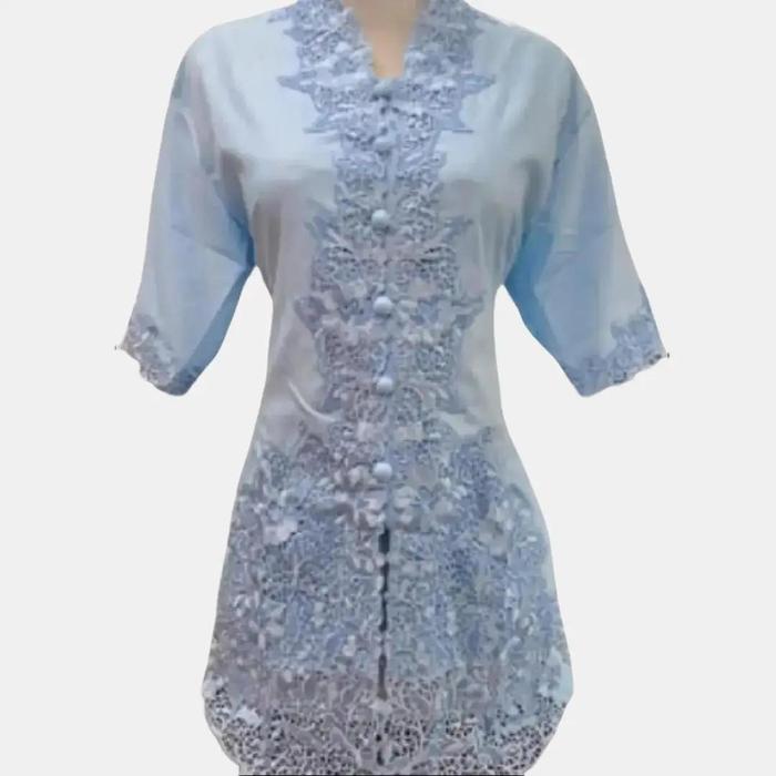 Atasan Kebaya Encim Bordir Polos Lengan Pendek Bahan Katun Premium Warna Baby Blue Wanita Dress Hita