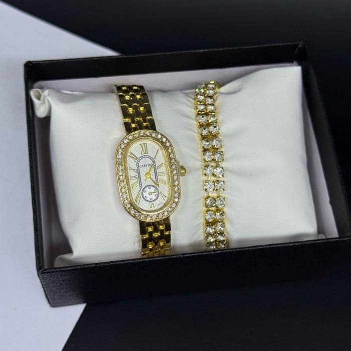 Jam Tangan Arloji Wanita Mewah Elegant Model Oval Hiasan Kristal dan Tali Gelang Emas | Elegan Watch