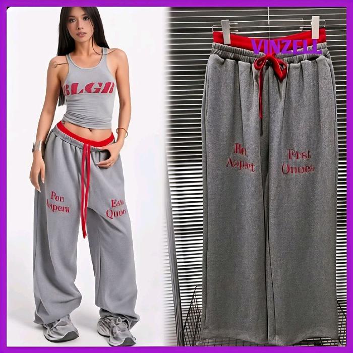 Celana Kulot Panjang Wanita Oversize Gray Streetwear Korean Style Loose Fit Baggy Fleece dengan Tali