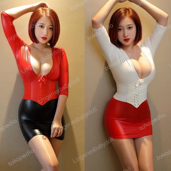 Premium Lingerie korset PU Faux Leather with belt silky sexy import