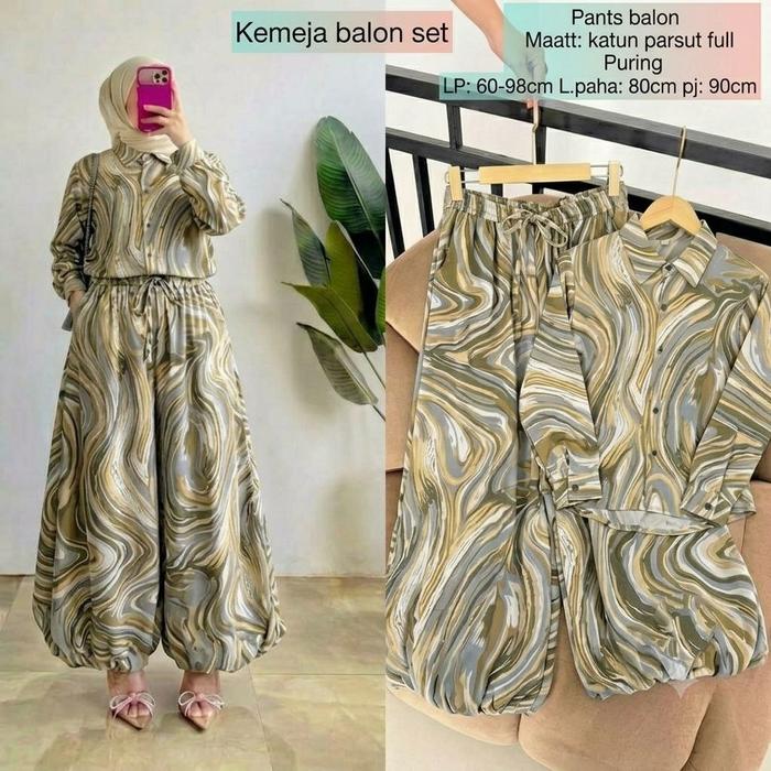 Setcel Kemeja Balon Celana Model Balon Shakila Premium One Set Wanita Hijab Casual Trendy | Yutra