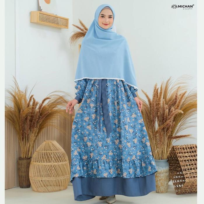 DRESS MUSLIMAH GAMIS DEWASA BUSANA MUSLIM WANITA MICHAN MOM KIRANA DENIM, NAVY D20P