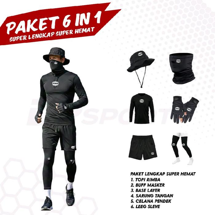 RINI SPORT Paket 6 in 1 PENN Super Lengkap Hemat - Topi Rimba Buff Masker Base Layer Sarung Tangan C