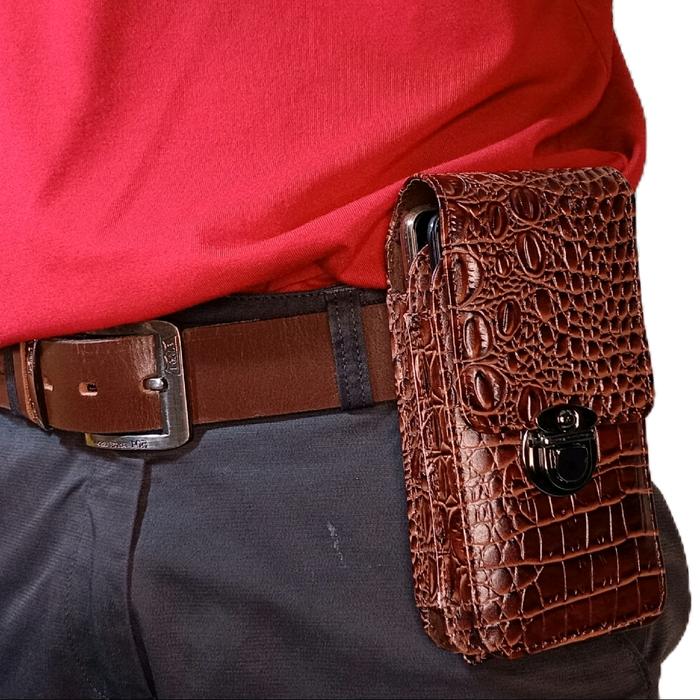 VRC Leather Dompet Hp Pinggang Pria 2 Slot Kulit Asli Motif Buaya
