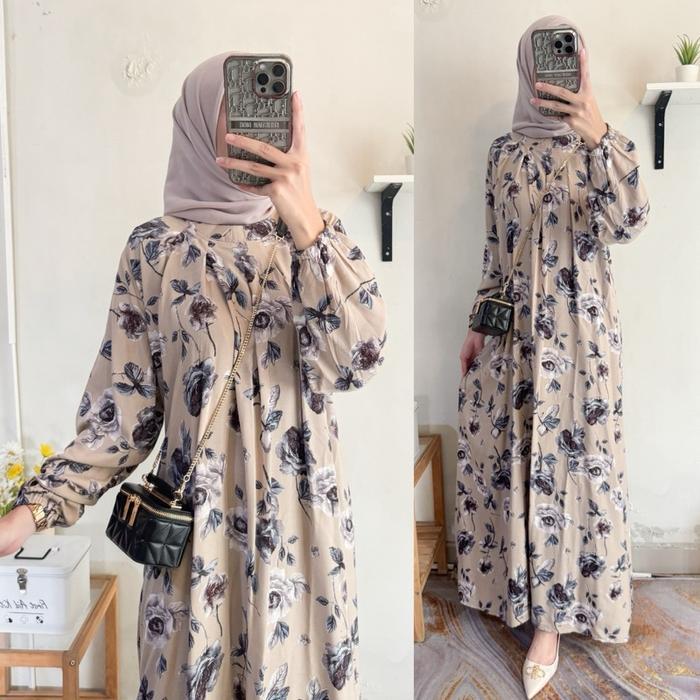 Rosalia Dres Gamis Rayon Motif Bunga Kekinian Rayon Diamond