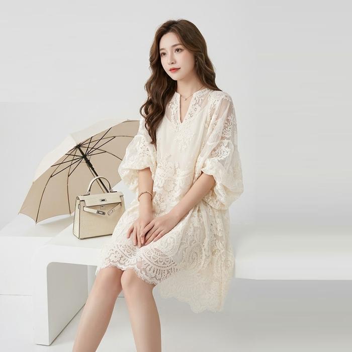 Gaun Vessa Loose Dress Fashion Wanita Casual Embroidered Silk Organza Bordir Floral Inner Camisole B