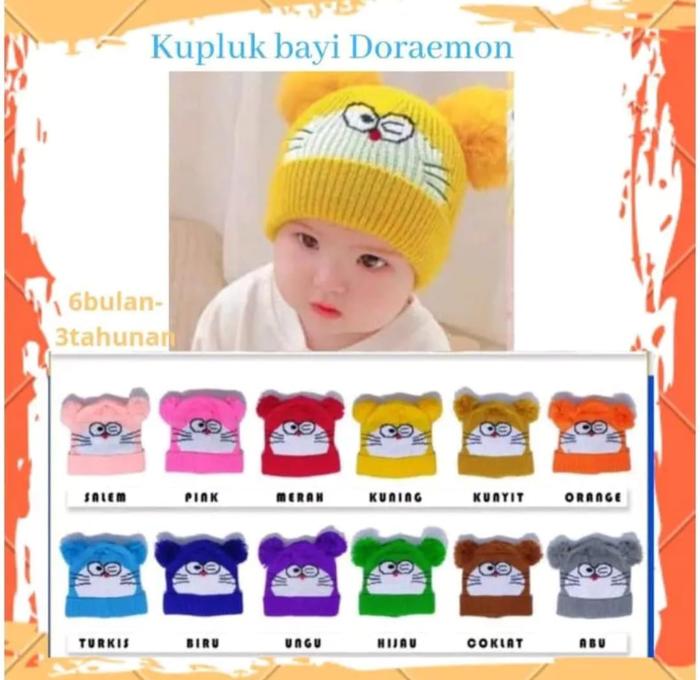 topi bayi doraemon bordir nama 0-1 Tahun Hitam Kuning Merah Putih Perempuan Laki-Laki