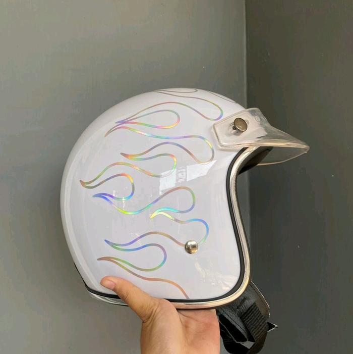 Helm Slimhead Putih Api Hologram Free Pet Retro
