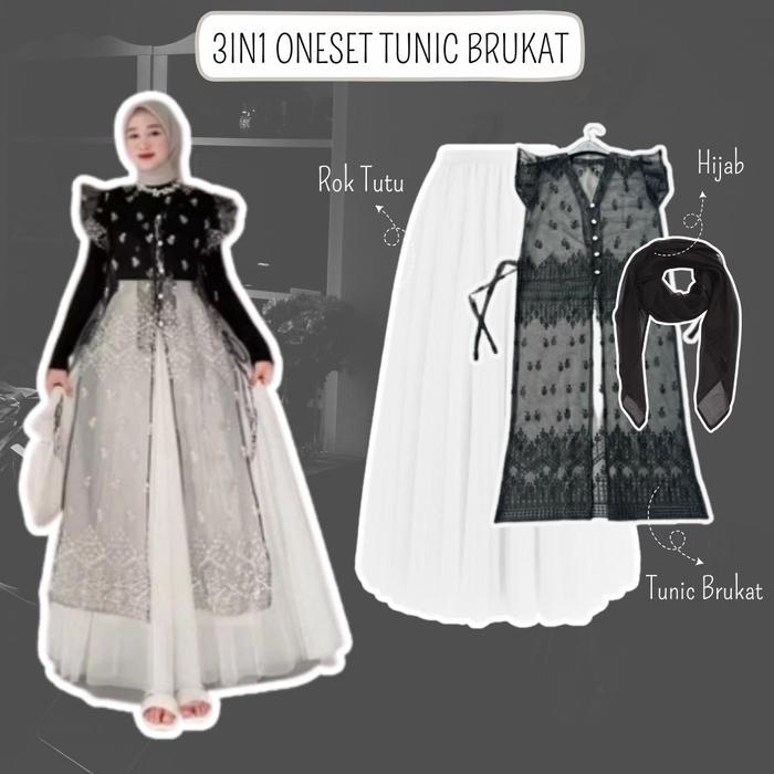 Set Outer Tunik Brukat Sapto Kondangan 3in1 Tunic Brukat+Rok tutu+Hijab Setelan Wanita Korean Look