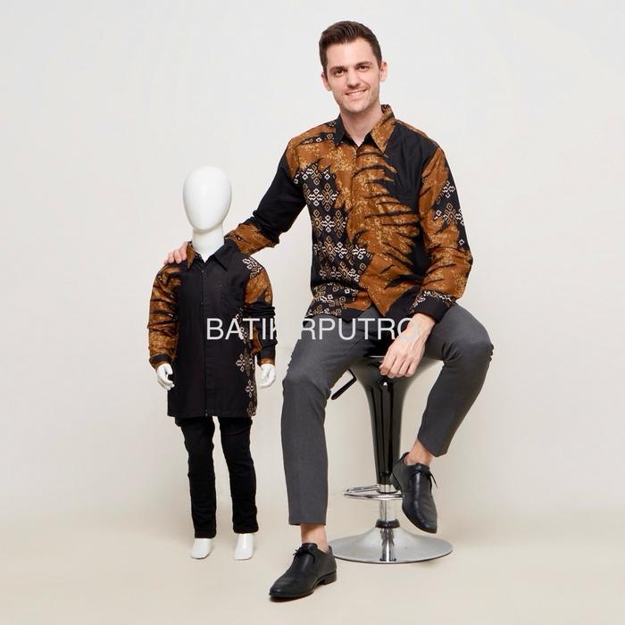 Kemeja Batik Couple ayah dan anak WARNA HITAM GOLD lengan panjang dan pendek lapisan furing katun he