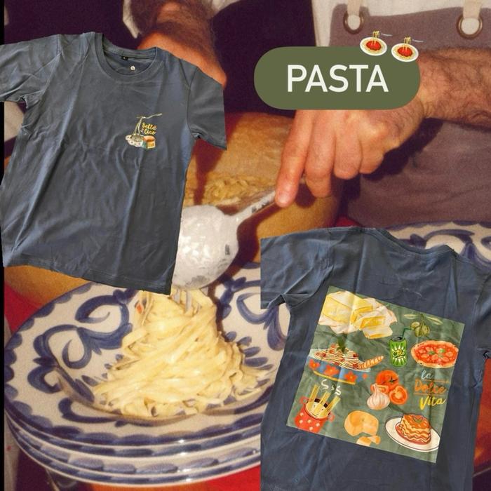 Kaos Pasta dengan Desain Makanan dan Logo "La Vida" - Pakaian Kasual untuk Pecinta Makanan