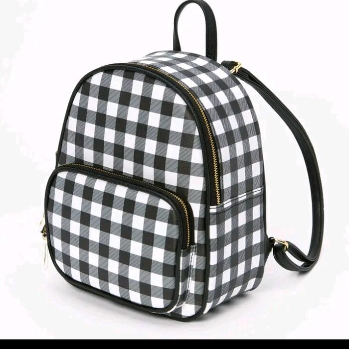 TAS RANSEL PRIA & WANITA HITAM PUTIH KOTAK KOTAK Canvas Backpack