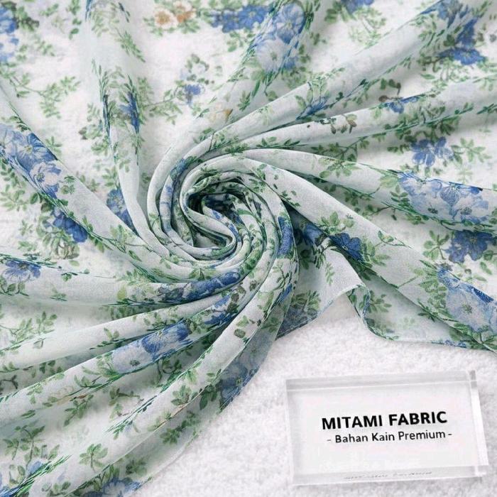 MITAMI ​Kain Sifon Yoryu Motif Bunga Sakura - Bahan Flowy & Tekstur Crinkle (Harga Per 0,5)