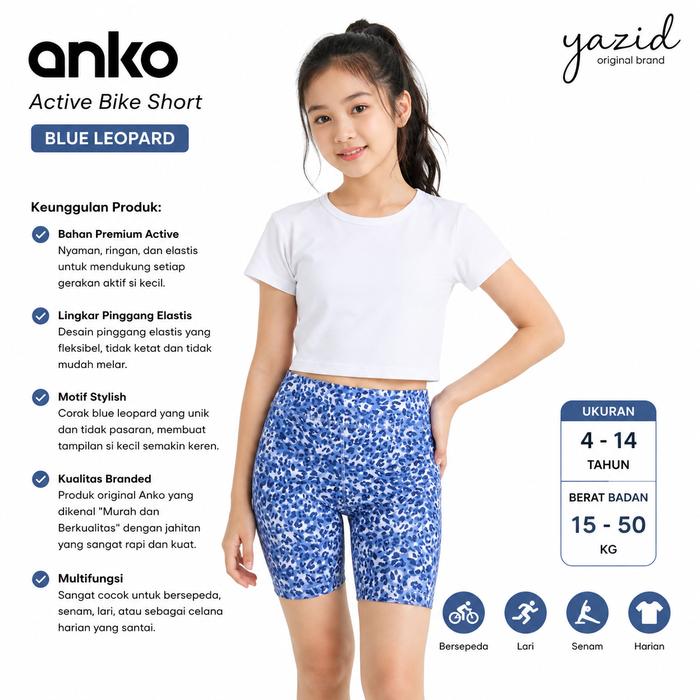 Anko Celana Pendek Anak Perempuan Motif Leopard Active Bike Short Fashion untuk Usia 4-14 Tahun Baha