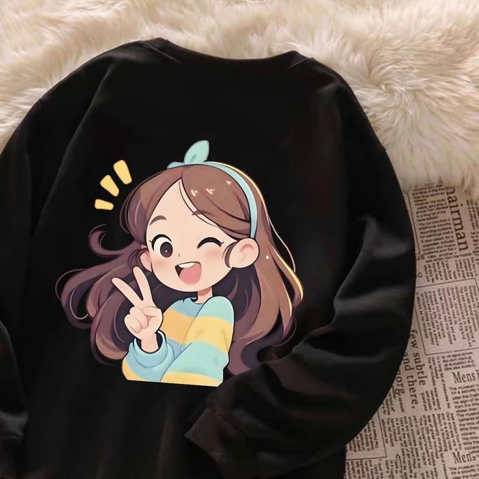American Retro Style Round neck Sweater Oversize Cetak kartun anjing kecil berwarna dalam bahasa I