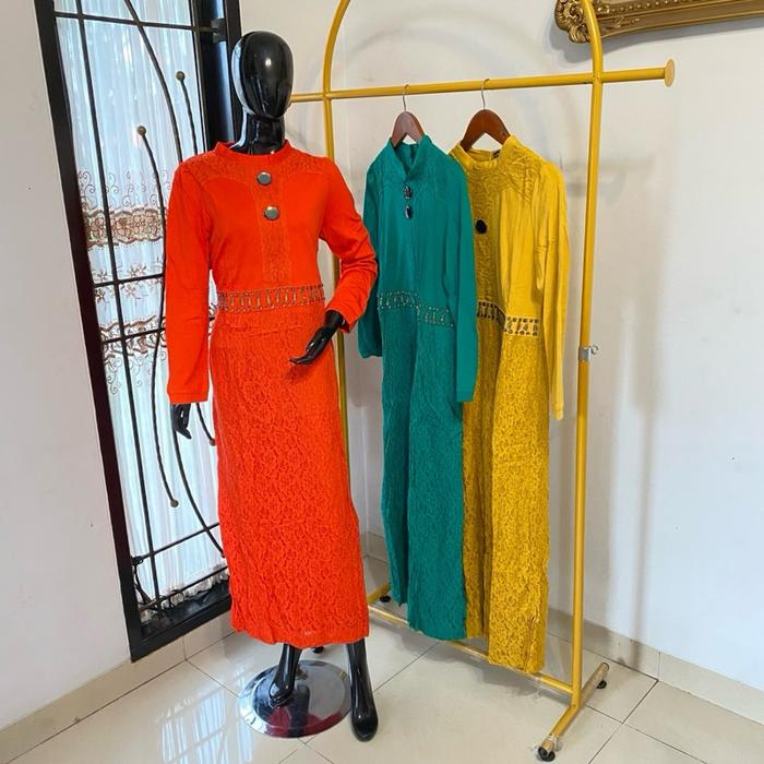 Gamis SNQ 88-580 Kerah Dada Brokat Kombinasi Kancing Pinggang Payet Mewah Murah dengan Pilihan Warna
