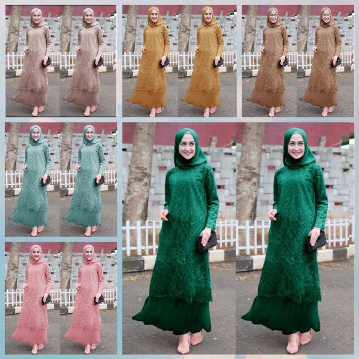 Baju Gamis Dress Pesta Kondangan Brukat Brokat Maxi Wanita Muslim Ukuran S M L Sarina Warna Coklat T