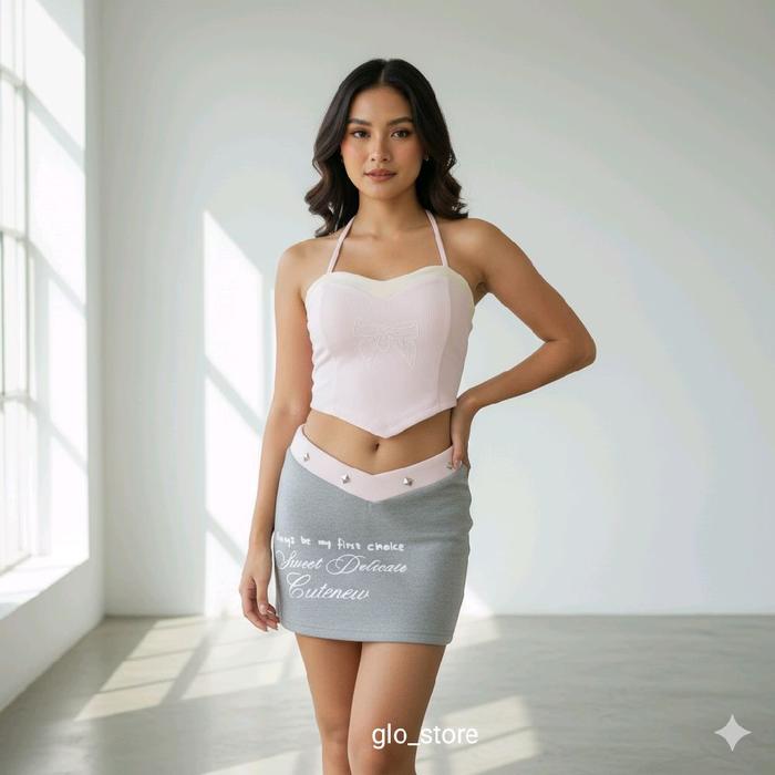 Setelan Set Outfit Wanita Sexy Cute Korean Style • Atasan Corset Pink + Rok Mini Abu • Baju Cewek Ke