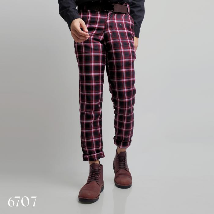 DGM Fashion Celana Pria Tartan Panjang Celana Tartan Hitam Merah 6707
