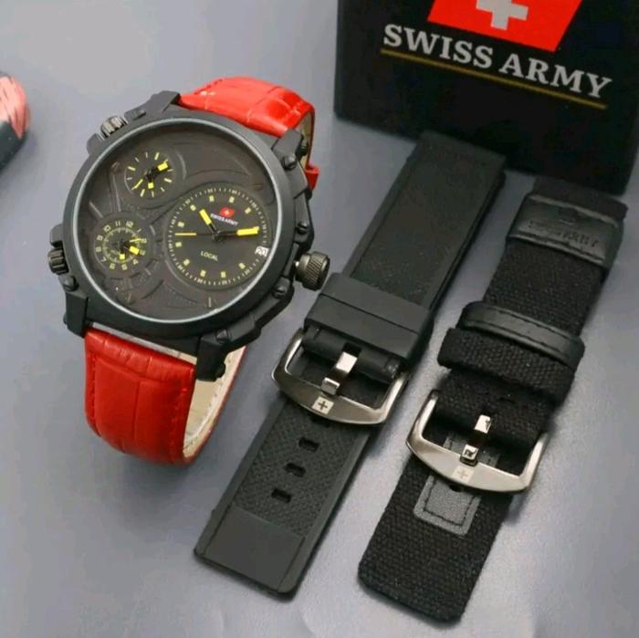 Jam Tangan Swiss army Jam Tangan Pria Analog Strap Kulit Ori Free 2 Tali + Box Dan Battre Cadangan C
