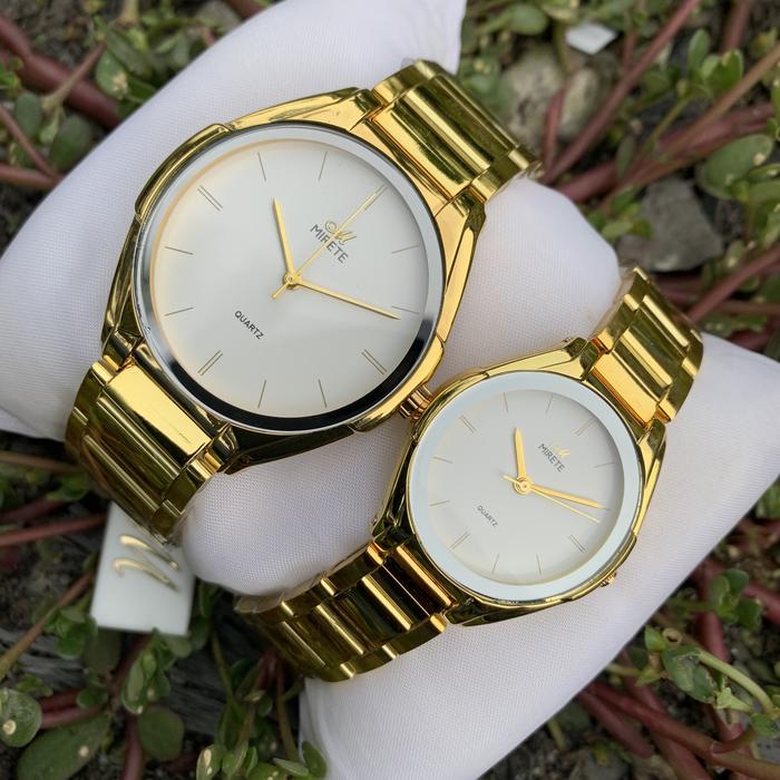 Jam tangan mirete high class rantai kuning couple plat putih paten kali Watches Elegan Kaca berkilau
