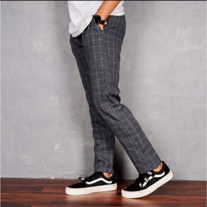 ￼Celana Chino Tartan Pria Ankle Pants Motif Kotak Kotak Panjang Cowok Salur Model Korea Slim Fit  De