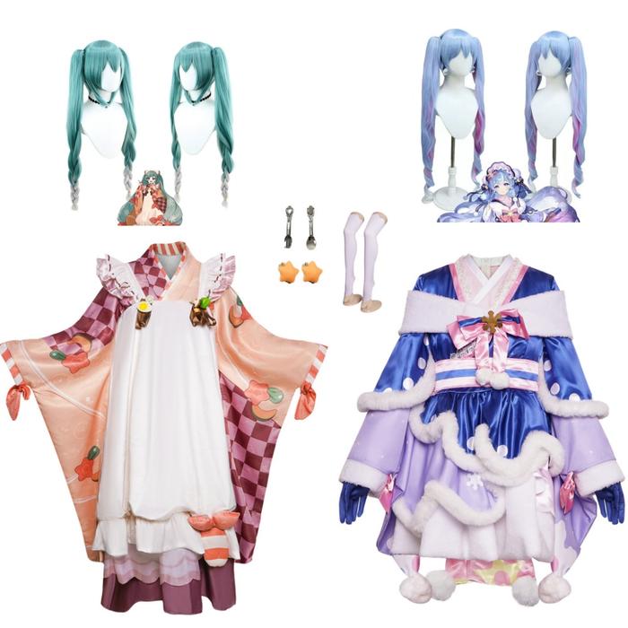 2024 2023 Snow Miku Cosplay Costume Wig Kawaiil Kimono Outfit Halloween Party Christmas Outfits for 