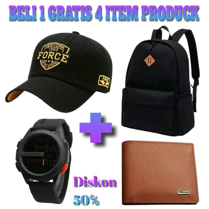 Paket Hemat Beli 1 Gratis 4: Tas Ransel, Jam Tangan, Topi, Dompet Unisex untuk Sekolah Backpack tas 