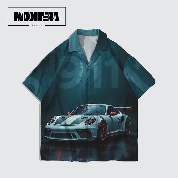 MONTERA Kemeja Hitam Motif Mobil Sport 911 – Kemeja Fullprint Cowok Unisex Lengan Pendek Bahan Adem 