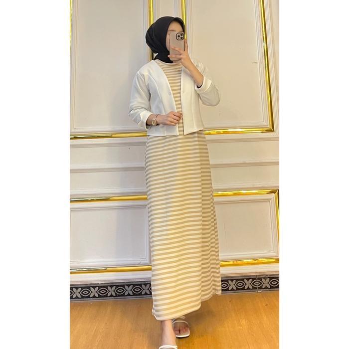 JN-Shafira Inner Dress Kutung List Garis Garis Panjang Wanita Muslim Melar inner motif tanpa lengan 