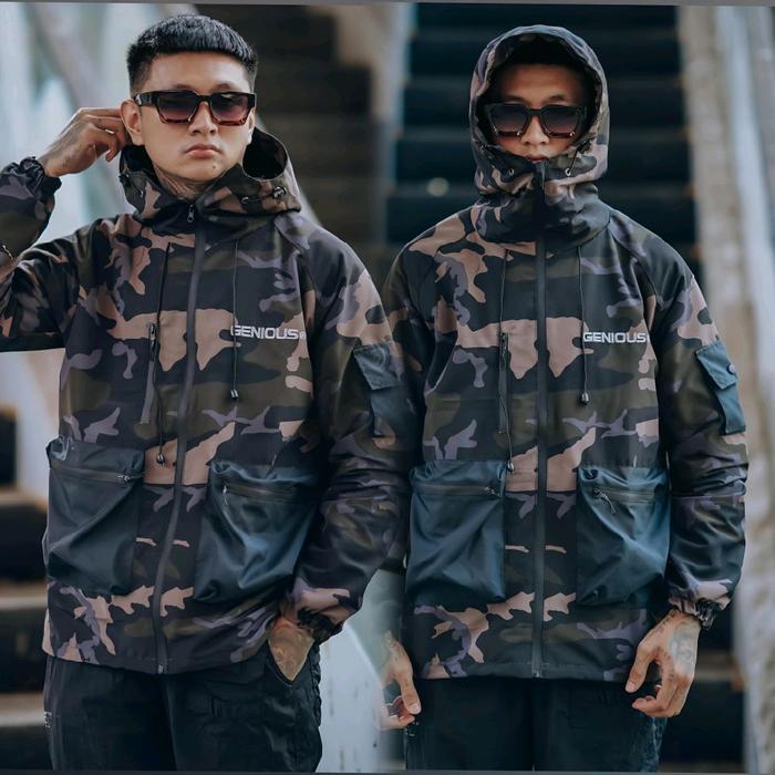 Rocket Queen Cagoule Jacket Military Loreng Coklat GNUS Pria Parasut Waterproof Parka