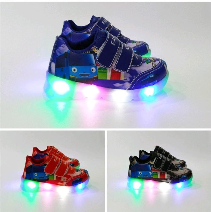Sepatu LED Tayo Anak Laki-Laki Hitam Merah Biru/ Sepatu Sneakers Velcro Anak 123456 Tahun Nyala Litt