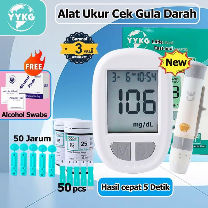 YYKG Alat Cek Gula Darah Hasil cepat 5 Detik (Alat, Strip50, Pen, Lancet50,Alcohol Swabs) alat tes g