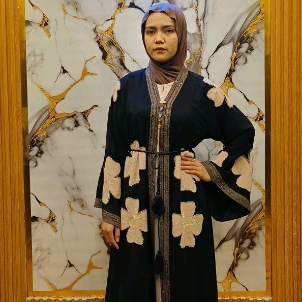 Abaya Inner Outer Bunga Bahan Jetblack Arab Original