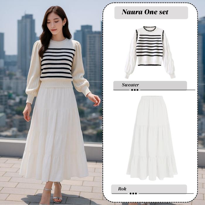 Naura One Set Wanita (Atasan Sweater Stripe Garis Hitam Putih  Dan Rok Ruffle Susun Putih ) Outfit N