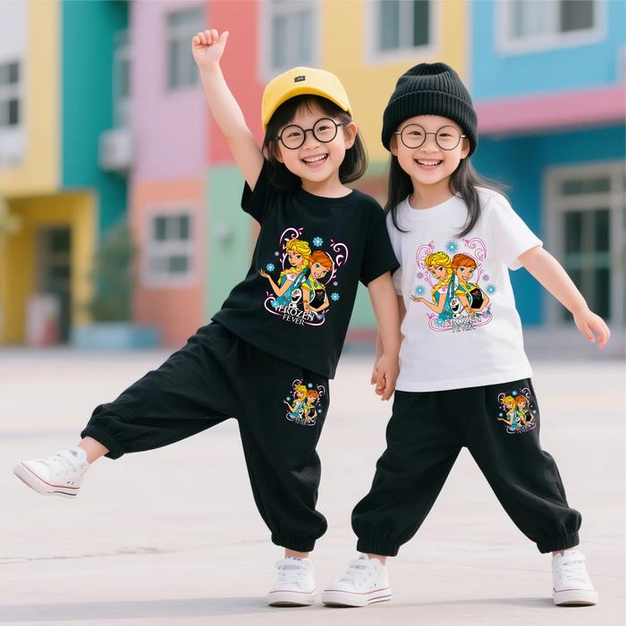 Setelan Baju Anak Perempuan Kaos & Celana Panjang Fashion Usia 5-15 Tahun - Motif FROZEN FEVER