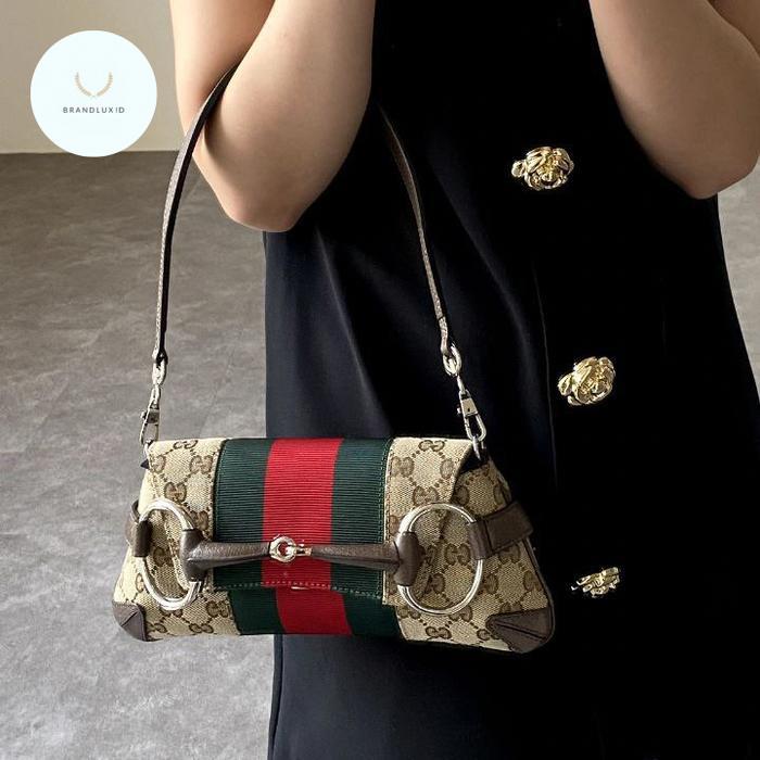 GUCCI HORSEBIT CHAIN SMALL GG CANVAS SHOULDER BAG