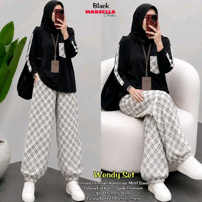 Black Marsella Wendy Set Celana Full Katun Suede Premium Ld 115cm Pj 70cm Celana Lp 60-110cm Pj 95cm