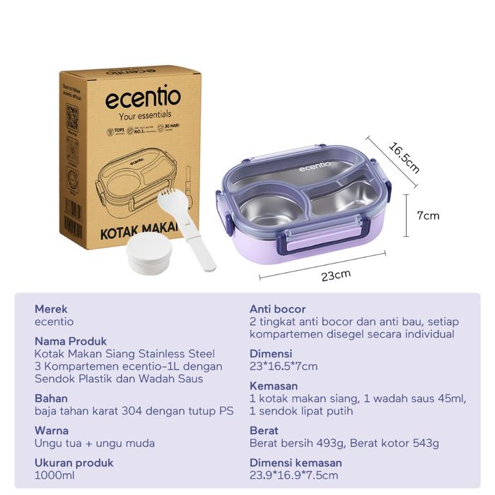 ecentio tempat makan stainless 3 Grid Kotak Makan Bento Anti Bocor 1000ml besar Tahan Panas tempat m