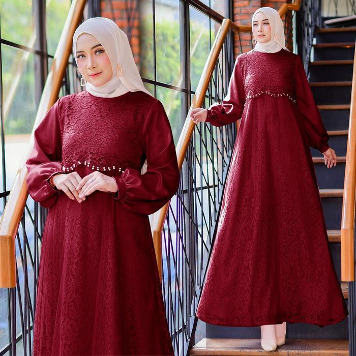 Gamis Dress Brukat Brokat Muslim Khinza M L Xl Xxl Jumbo Merah Maroon