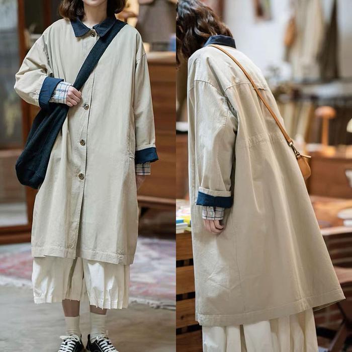 JAKET OUTER MANTEL PANJANG LONG COAT OVERSIZE KATUN CARGO PREMIUM DUOTONE KREM KHAKI LINING BIRU NAV