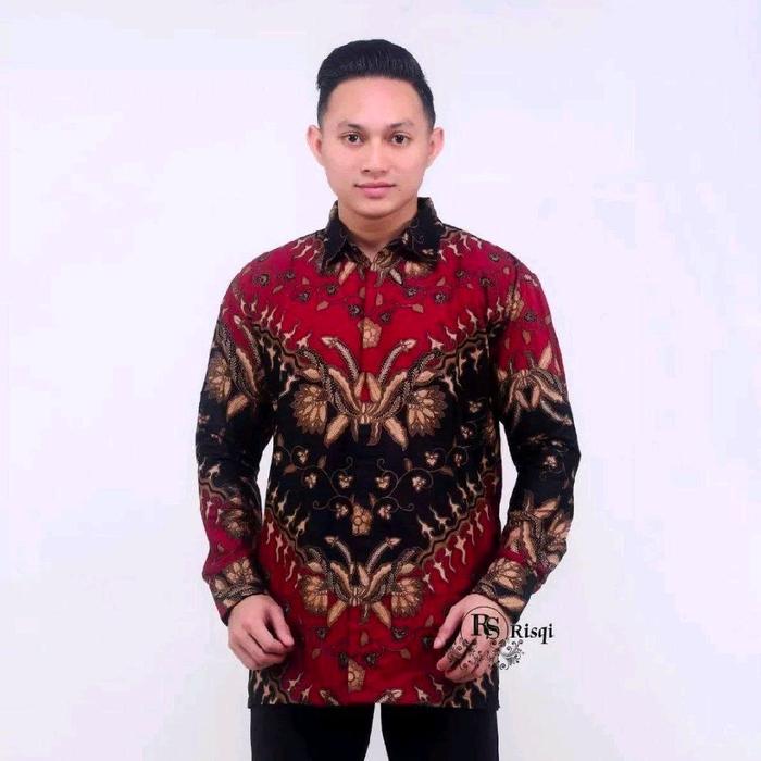 Kemeja Batik Pria Lengan Panjang Katun Prima Bisa Cod Nyaman, Lembut Motif Keris Merah Baju Serag