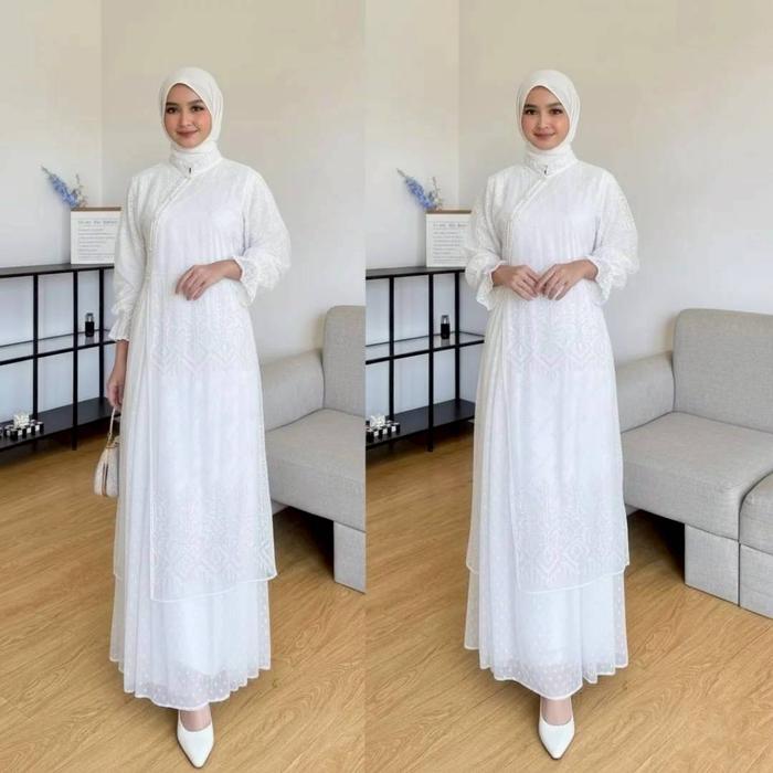 Mahira Dress Gamis Midi Putih Burgundy Mahogany Elegan dengan Detail Bordir dan Lengan Panjang Bahan