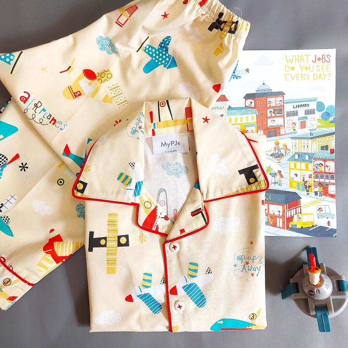 MYPJS Setelan Piyama Anak dan Dewasa  - Planes Tosca / Yellow Katun Celana Panjang Wanita Dewasa Tid